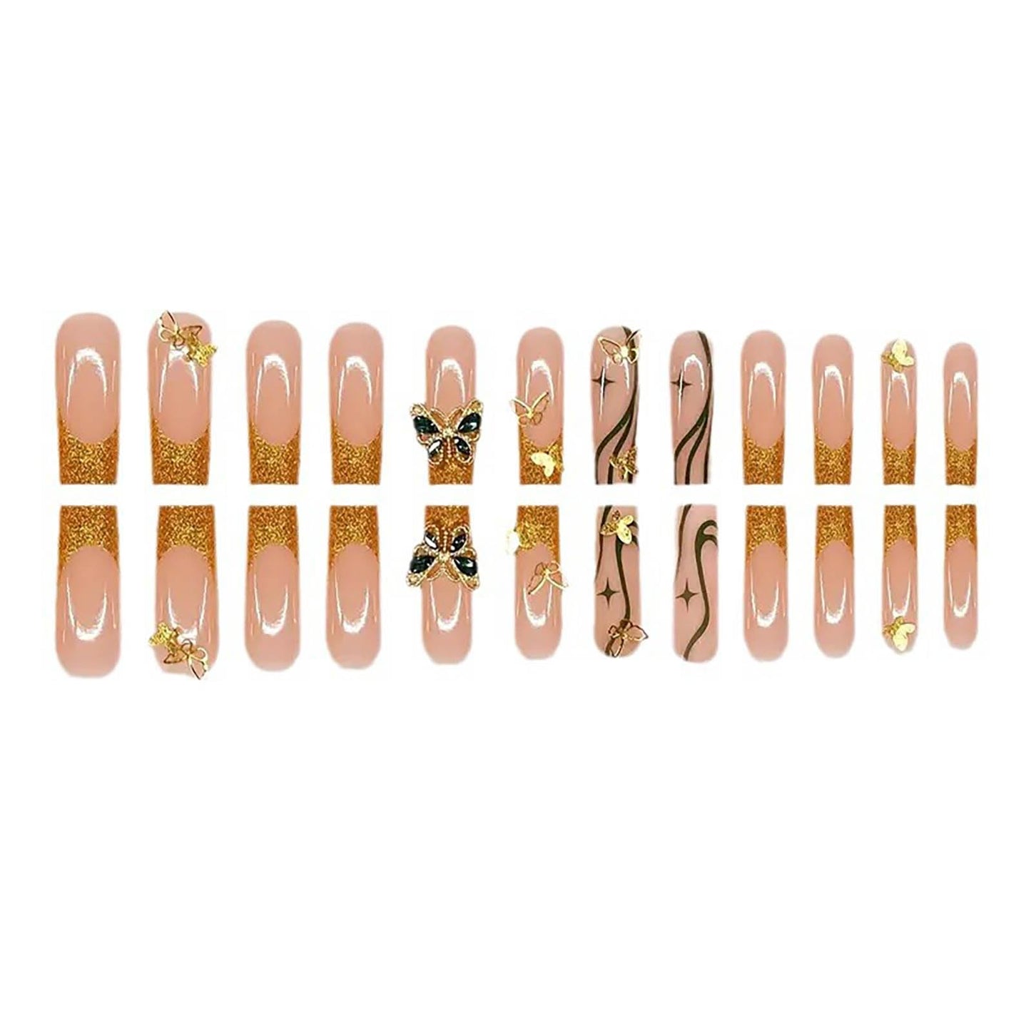 RTKHFZE Long Press on Nails Square Fake Nails Gold Glitter French Tip Acrylic False Nails with Designs Nails Tip Gold Butterfly and Rhinestones Full Cover Glue on Nails for Women Nail Decorations