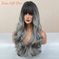 Honygebia Grey Wig with Bangs - Ombre Gray Wigs for Women, Long Wavy Layered Black Root Realistic Hair, Natural Synthetic Heat Resistant Wigs for Halloween/Christmas/Cosplay/Party