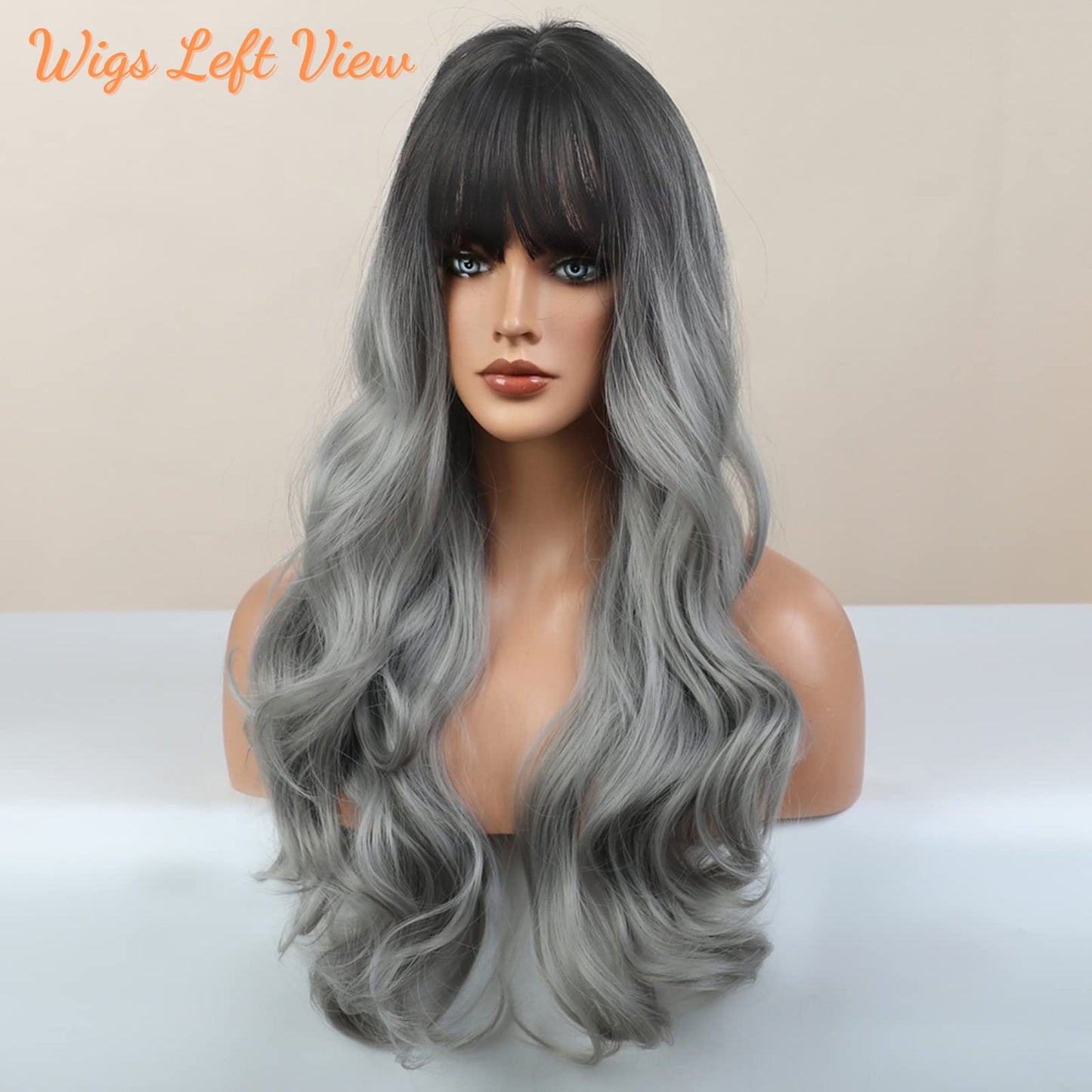 Honygebia Grey Wig with Bangs - Ombre Gray Wigs for Women, Long Wavy Layered Black Root Realistic Hair, Natural Synthetic Heat Resistant Wigs for Halloween/Christmas/Cosplay/Party