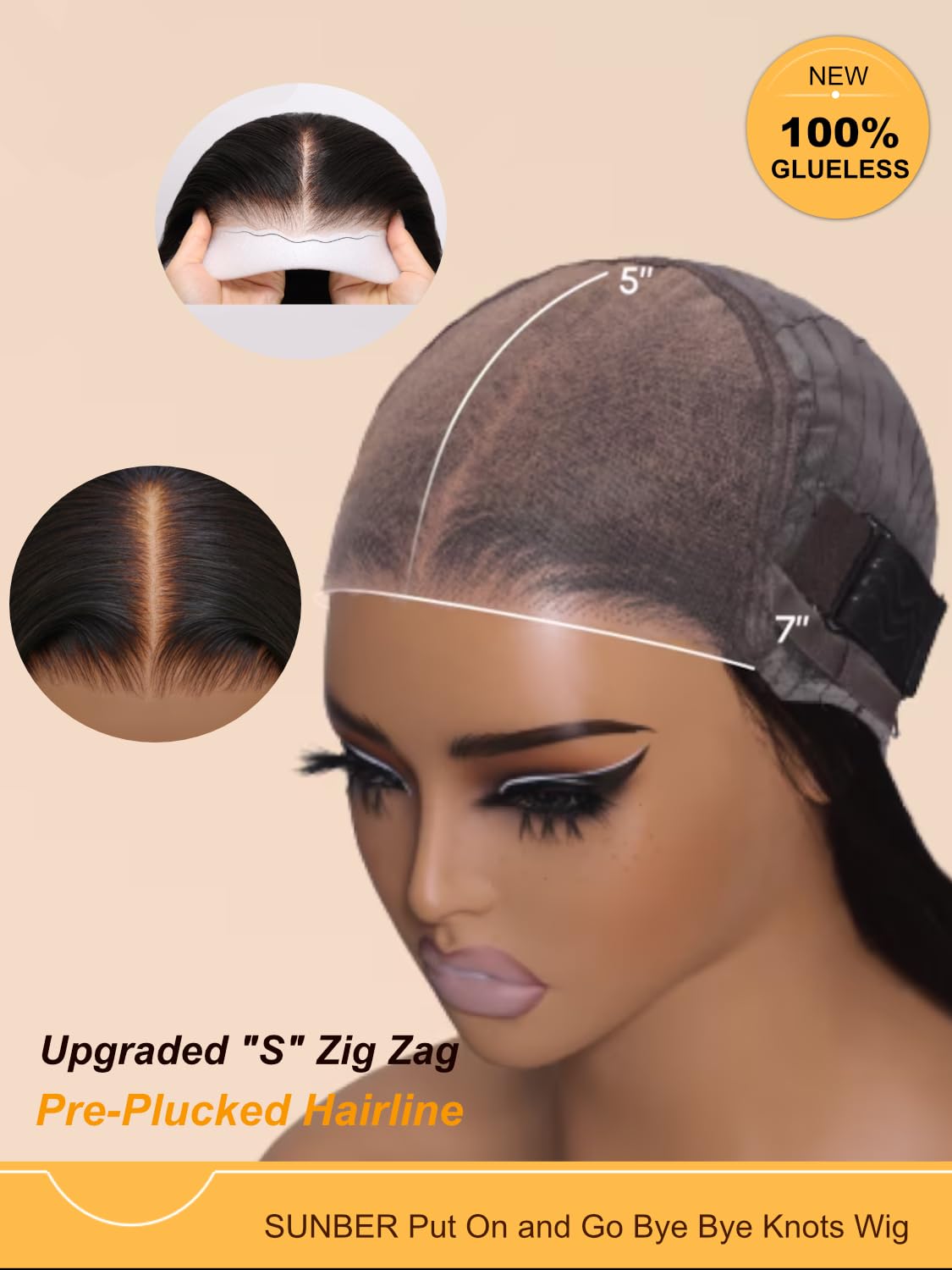 Sunber Bye Bye Knots Glueless 7x5 Lace Front Human Hair Wig Loose Wave Plucked Pre Cut Lace Invisible Knots Put On and Go Chestnut Brown Ombre Color Ready to Wear Wig 150% Density 20Inch