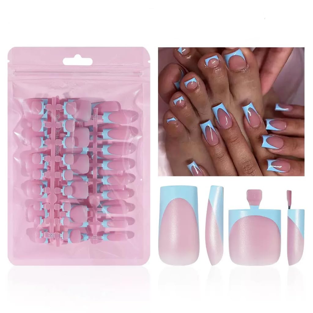 NHIXK 60Pcs Medium Press on Nails Square & Press on Toenails Set, Blue French Tip Press on Nails Short Square Press on Toe Nails Summer False Toenails Full Cover Stick on Nails for Women