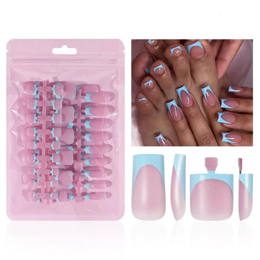 NHIXK 60Pcs Medium Press on Nails Square & Press on Toenails Set, Blue French Tip Press on Nails Short Square Press on Toe Nails Summer False Toenails Full Cover Stick on Nails for Women