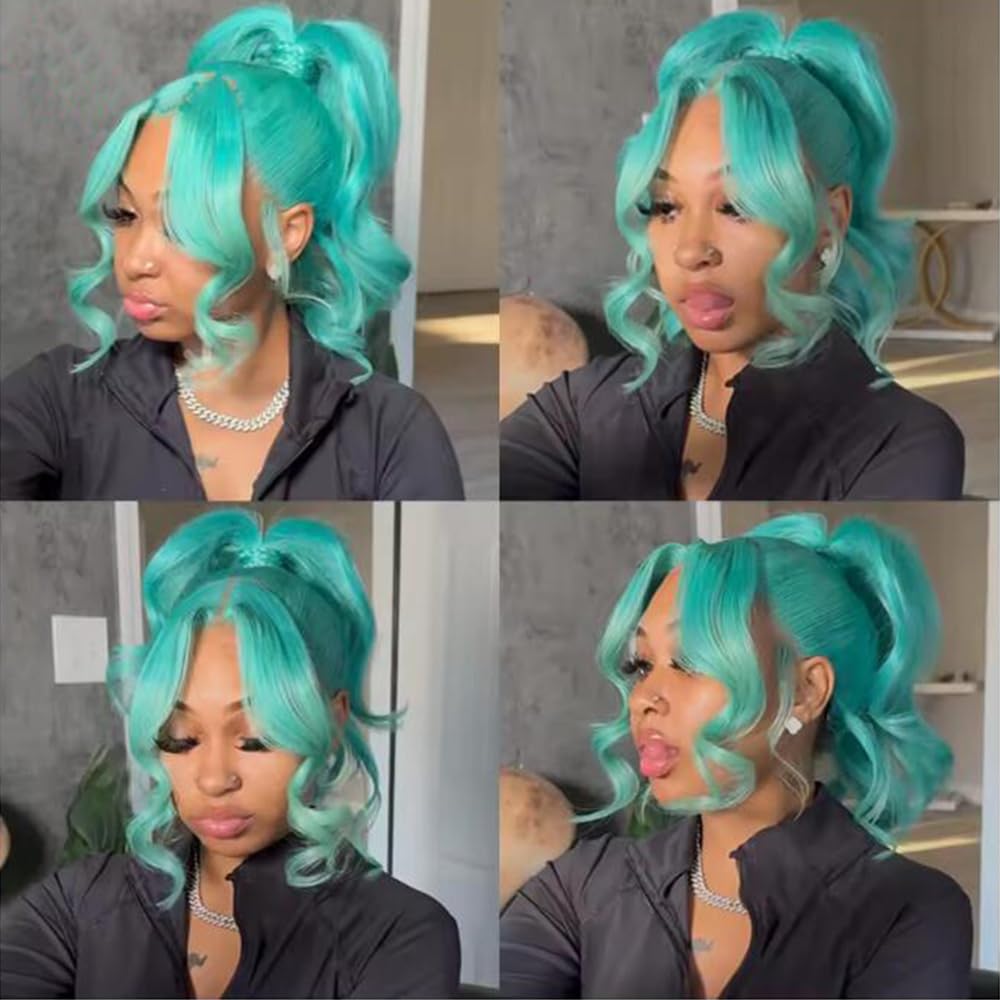SISIFIRE Green Body Wave Lace Front Wigs for Women 13*4 Inch Long Deep Curly Wave Synthetic Lace Front Wig with Baby Hair Preplucked Hairline Glueless Lace Wigs