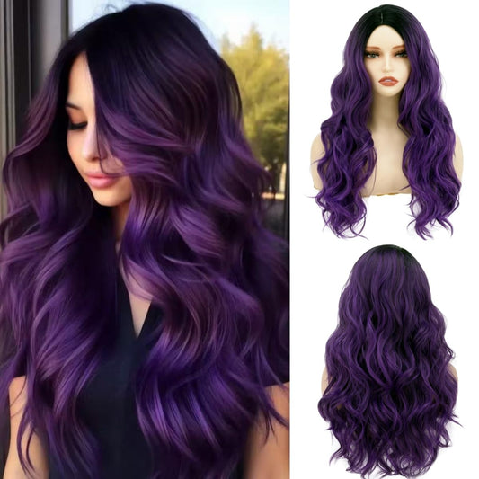Sabosi Purple wig Long Wavy Wigs for Women 26 Inch Middle Part Curly Wavy Wig Natural Looking Synthetic Heat Resistant Fiber Wig for Daily Party Use