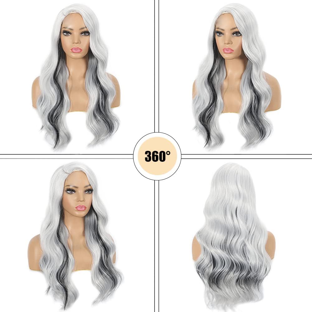 Sabosi Long White Grey Wig for Women Streak Colorful Wavy Wig Side Part Wave Highlight Wavy Wigs Natural Synthetic Hair Wig for Daily Party Use