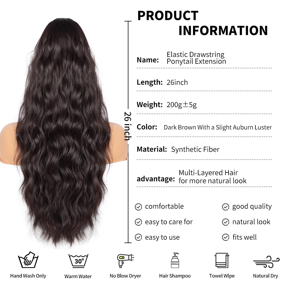 Drawstring Ponytail for Women, 26 inch Long Ponytail Extension, Soft Synthetic Pony Tails Hair Extensions, Clip in Ponytail Hair Extension for Daily Use (Dark Brown With a Slight Auburn Luster)