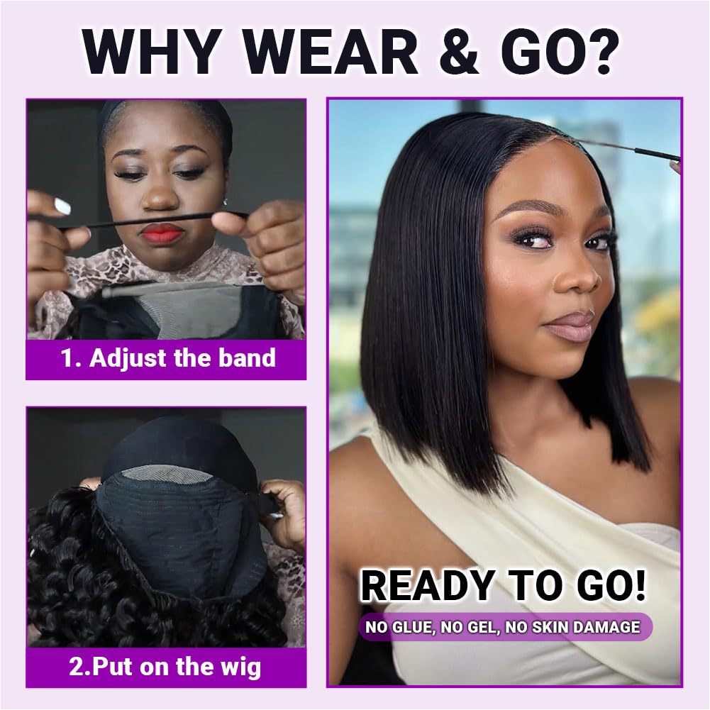 UCUVIC Wear And Go Glueless Bob Wig Human Hair Pre Plucked Pre Cut 200% Density 5x5 Hd Lace Front Closure Short Wig Human Hair Glueless Straight Bob Wigs For Black Women No Glue 14 Inch