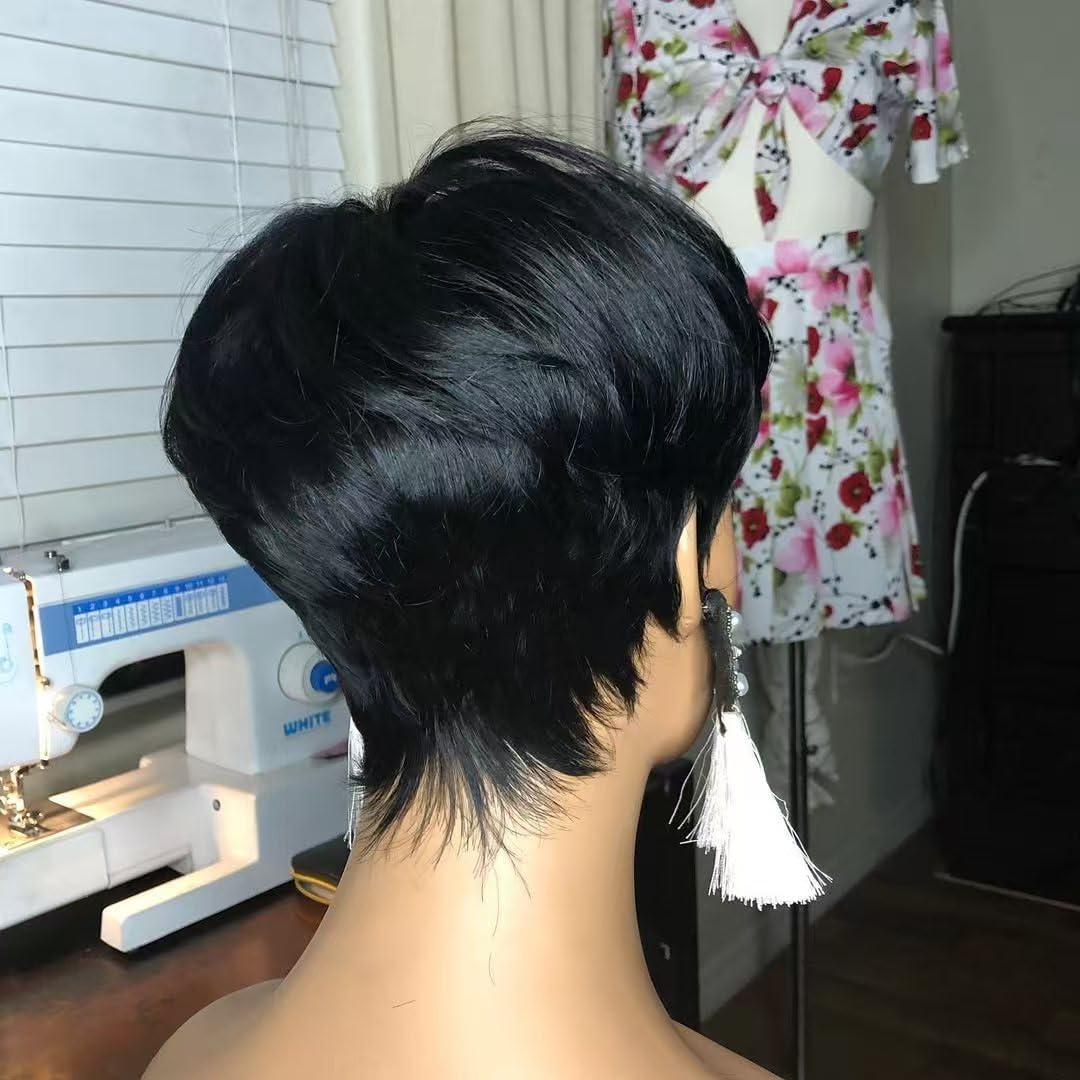 QiaQiaRing Pixie Cut Wigs For Black Women 1b/30 Daily Use Color Brazilian Virgin Remy Human Hair Short Layered Pixie Wigs with Bangs Glueless Wear and go Lightwight for Summer (Black)