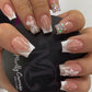 French Press on Nails Medium Square Fake Nails White French Tip Nails Press on False Nails with Flower Glitter Designs Nude Pink Acrylic Fake Nails Kits Spring Glue on Stick on Nails for Women 24PCS