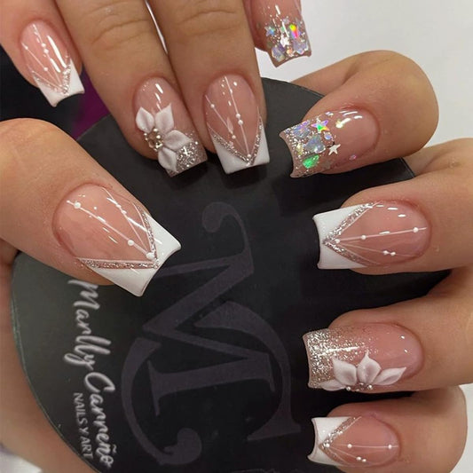 French Press on Nails Medium Square Fake Nails White French Tip Nails Press on False Nails with Flower Glitter Designs Nude Pink Acrylic Fake Nails Kits Spring Glue on Stick on Nails for Women 24PCS
