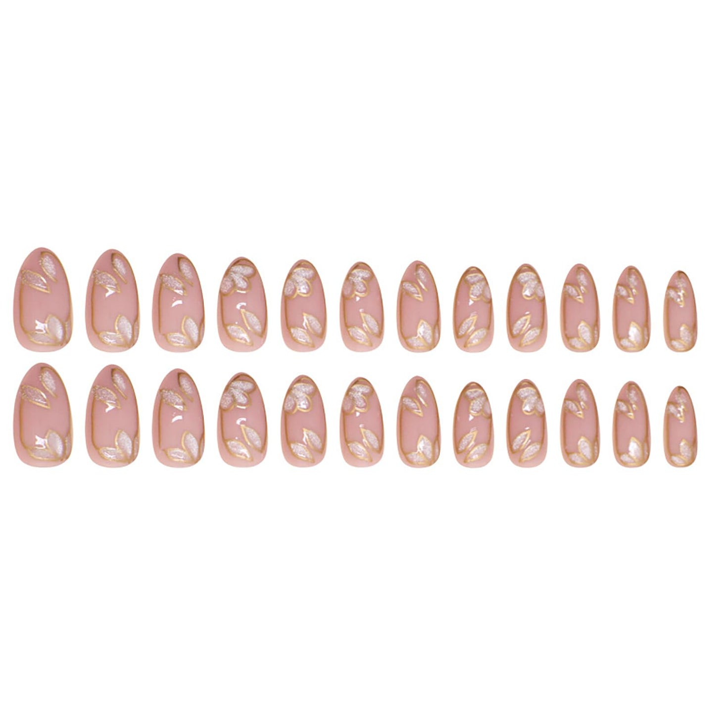 24 Pcs Nude Press on Nails Medium Almond Fake Nails with Glue Artificial Acrylic Nails Press ons with Golden Glitter Leaf Design Full Cover Reusable Stick on Nail for Women Girls Daily Wear