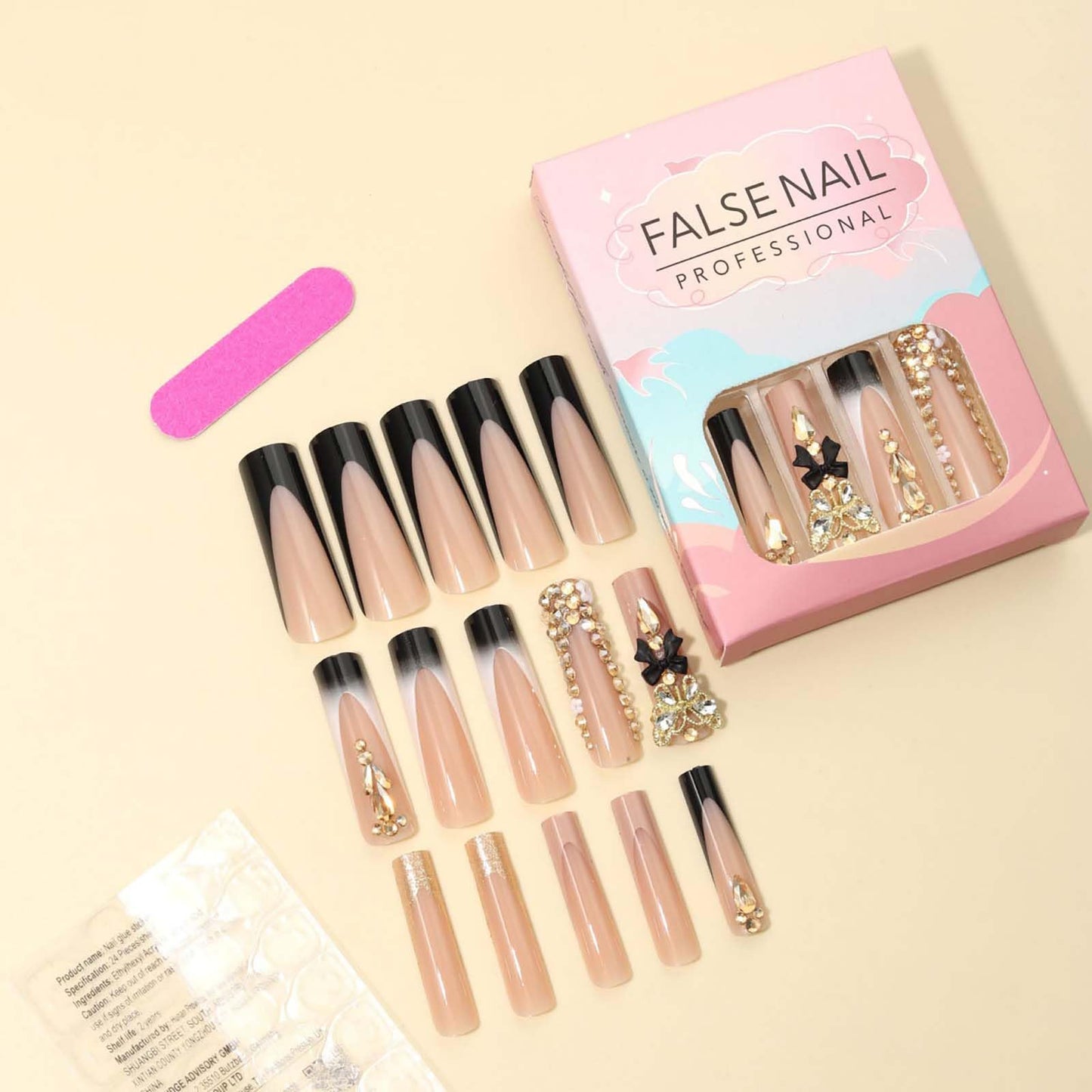RTKHFZE Extra Long Square Press on Nails Glitter Black and Nude Fake Nails with Bow Design,Valentine'S Day Press on Nails Hot Girls False Nails 24pcs