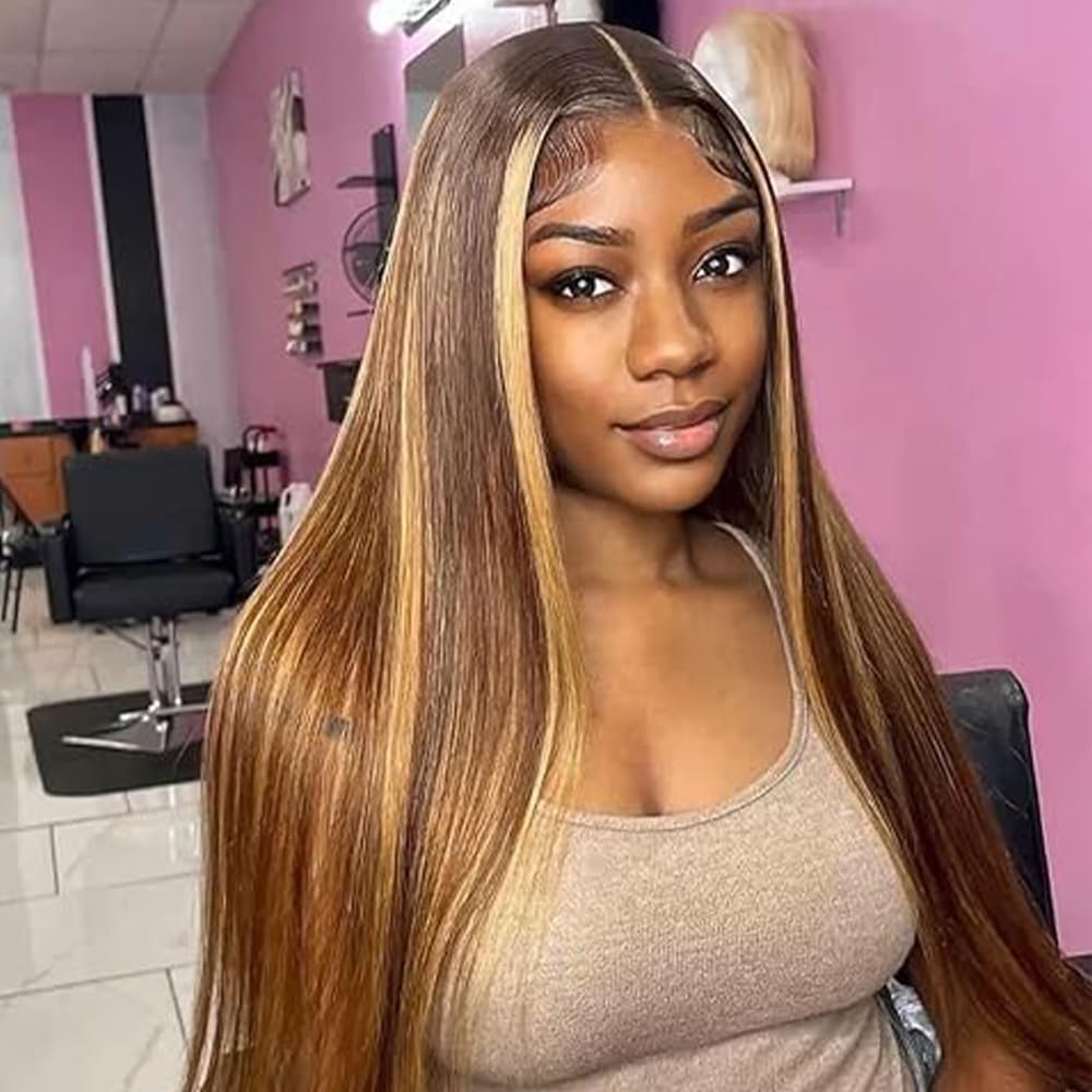 Ladoux Ombre Honey Blonde 13x6 HD Transparent Straight Lace Front Human Hair Wigs for Women 180% Density 4/27 Colored Highlight Curly Glueless Straight Wigs 20Inch Pre Plucked with Baby Hair