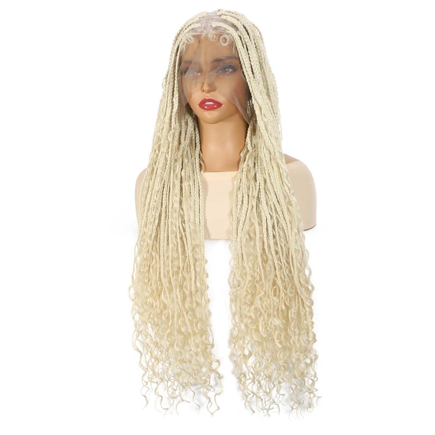 ROSEBONY 36" Boho Knotless Braided Wig for Black Women Double Full Lace Box Braid Wig with Baby Hair Bohemian Curly Ends Golden Yellow Blonde Color (613 blonde)