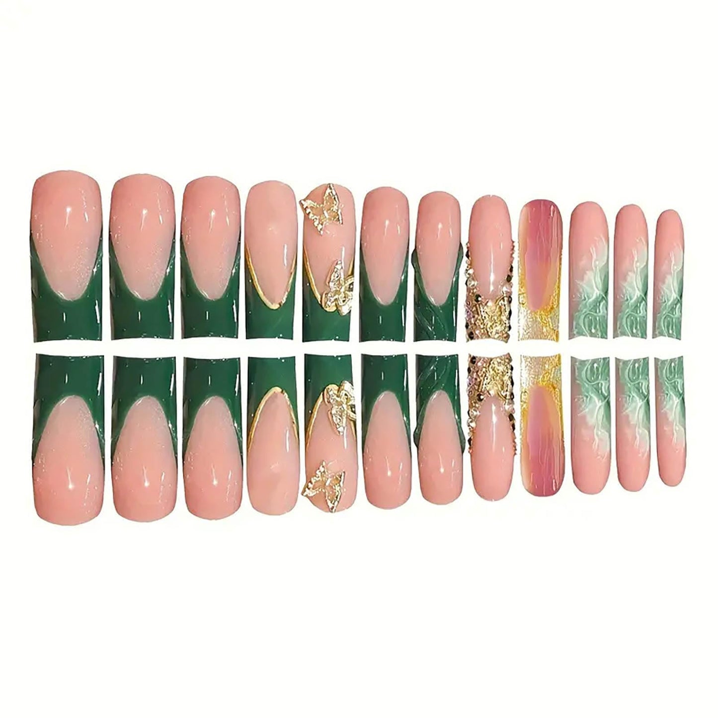 24Pcs Press on Nails Long Green French Tip Fake Nails Square Nails Press Ons Gold Glitter False Nails with 3D Butterfly Designs Artificial Long Square Glue on Nail Stick on Nail for Women