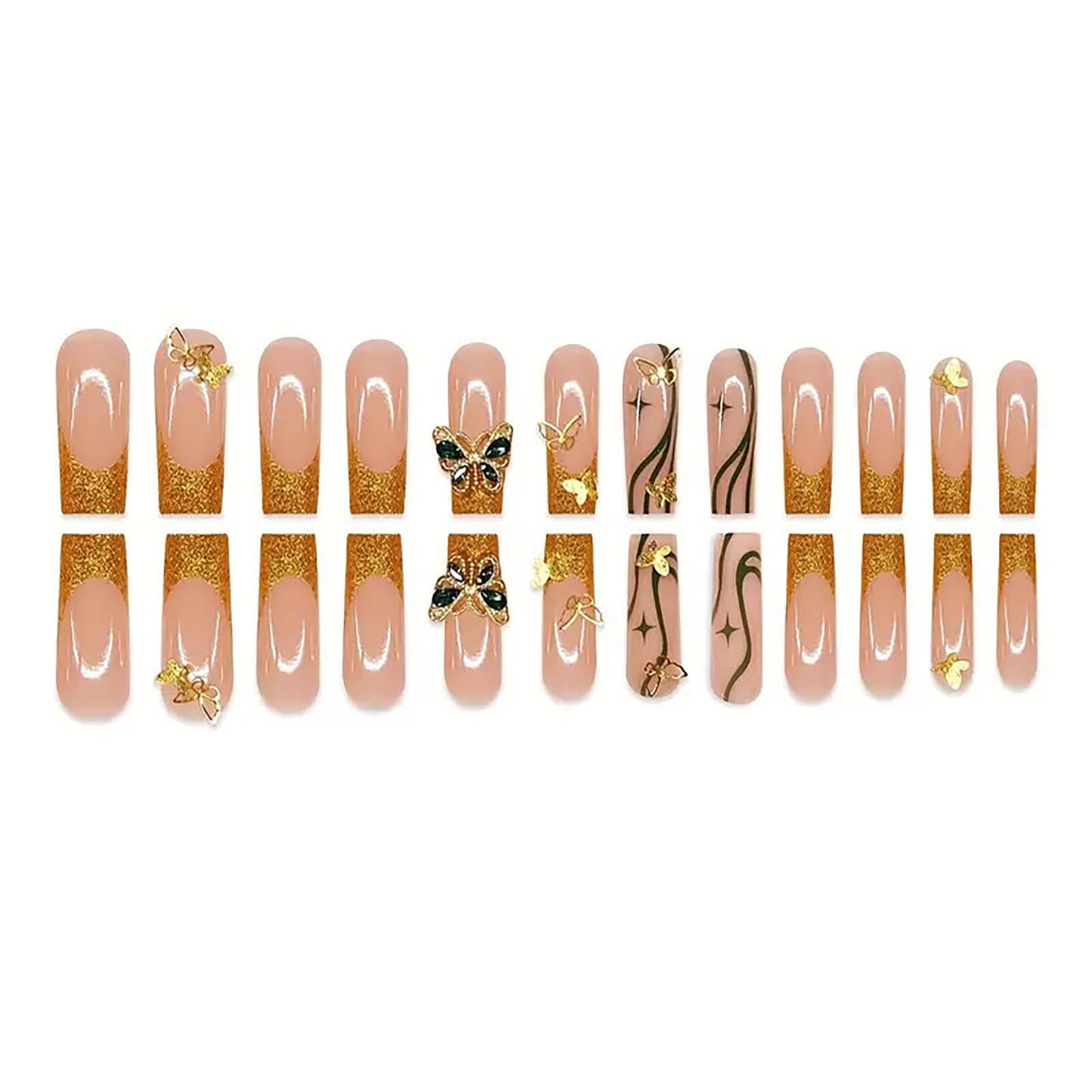 RTKHFZE Long Press on Nails Square Fake Nails Gold Glitter French Tip Acrylic False Nails with Designs Nails Tip Gold Butterfly and Rhinestones Full Cover Glue on Nails for Women Nail Decorations