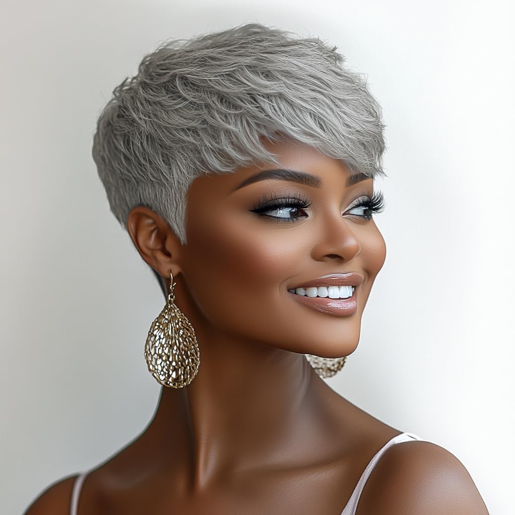 BOBCOO Short Grey Pixie Cut Wig for Black Women, Synthetic Layered Wavy Bob Hairpiece with Bangs, Light Grey Short Pixie Style (Layered)