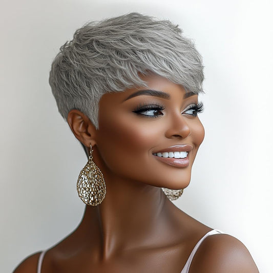 BOBCOO Short Grey Pixie Cut Wig for Black Women, Synthetic Layered Wavy Bob Hairpiece with Bangs, Light Grey Short Pixie Style (Layered)