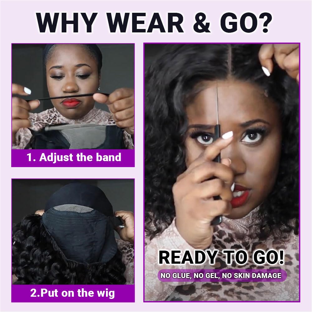 UCUVIC Curly Bob Wig Human Hair 5x5 Wear And Go Glueless Wigs Human Hair Pre Plucked Pre Cut Deep Wave Lace Front Closure Wigs For Black Women 200 Density Curly Wig Glueless Wear And Go Black 12 Inch