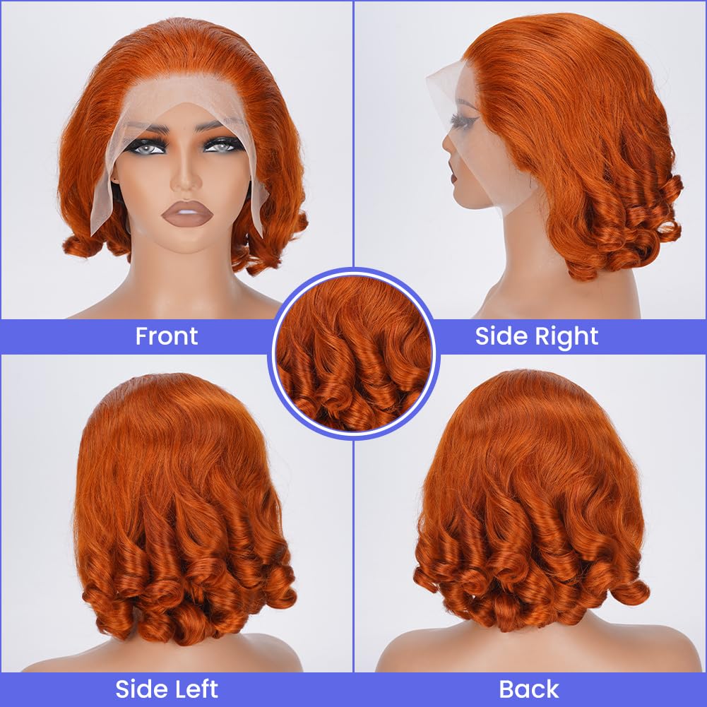FASCARA Short Wig 350 Ginger Orange 14 Inch 13x4 HD Transparent Lace Front Wig with Baby Hair 180% Density Human Hair for Women