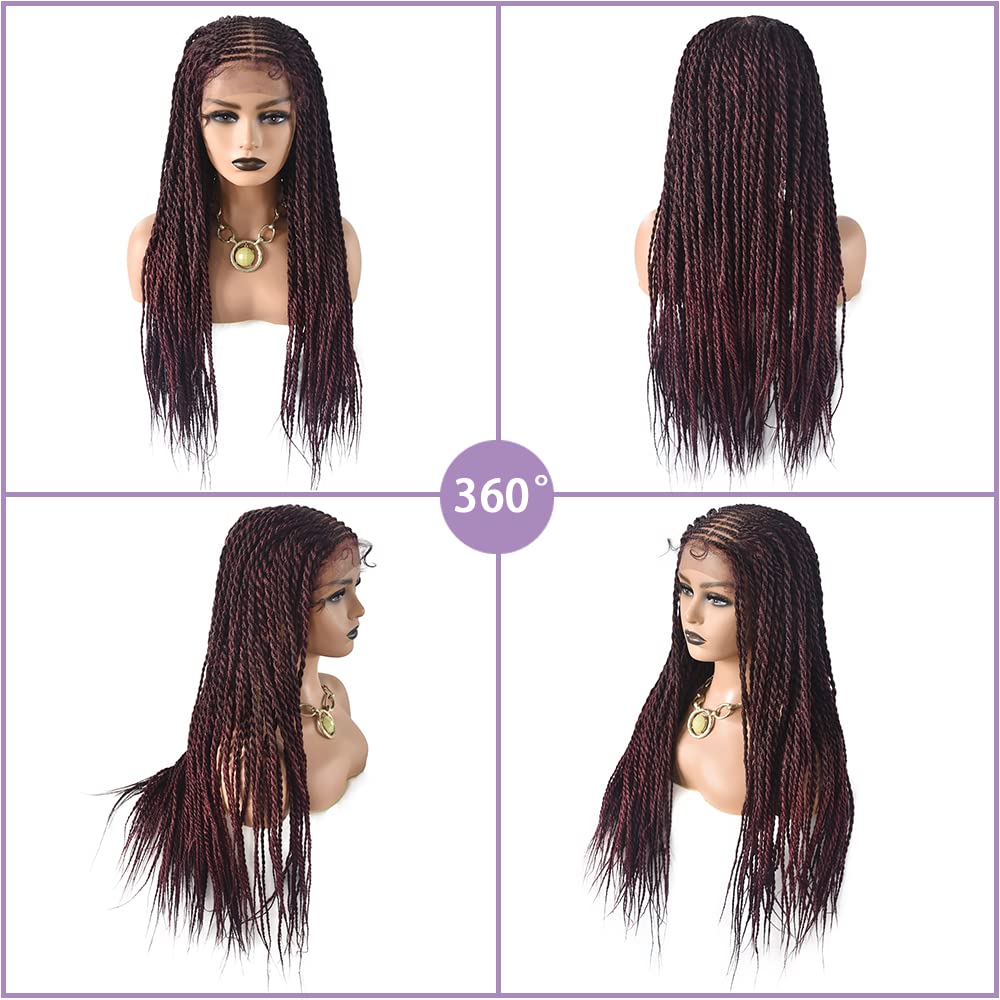 Knotless Cornrow Braided Wig For Black Women Soft Lace Micro Braiding Wig Baby Hair Box Braids Wigs Light Weight Curly Synthetic Braid Wig For Women (#1B/99JT-#Black/Deep WineT)