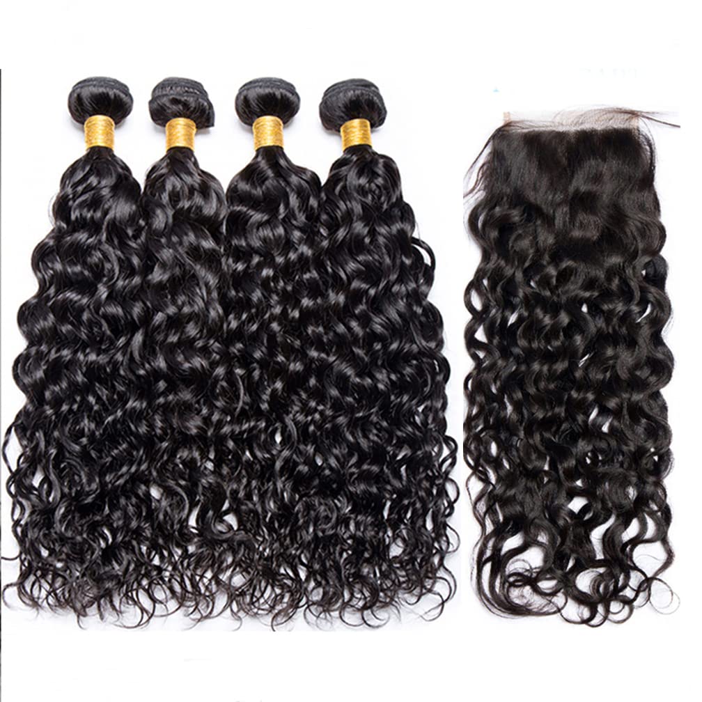 Borchan Water Wave 4 Bundles Human Hair with 4x4 Free Part Closure (24 26 28 30+22) Ocean Wave Wet and Wavy Bundles with Lace Closure Pre Plucked with Baby Hair Natural Color