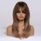 Tumhorn Long Ombre Brown Wigs with Bangs for Women Synthetic Hair Wig Natural Looking Heat Resistant Wavy Wigs