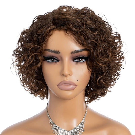 Rebecca Fashion Short Curly Human Hair Wigs for Black Women Side Part Cute Curly Bob Wig Brazilian Remy Non Lace Glueless Wigs Natural Looking Ombre Brown Color