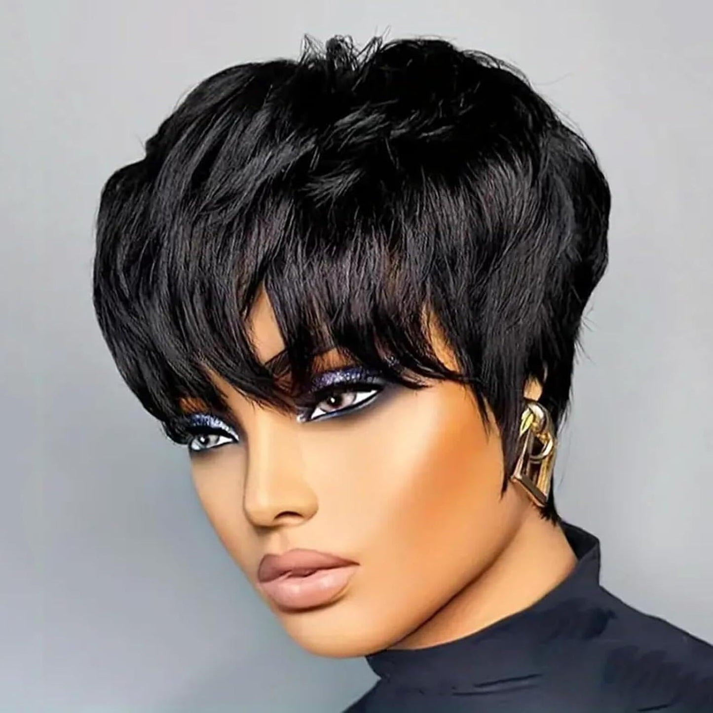 QiaQiaRing Chic Elegent Pixie Cut Wigs for Black Women Natural 1B Color Short Layered Pixie Cut Human Hair Wigs For Women Glueless Brazilian Virgin Human Hair (natural black)