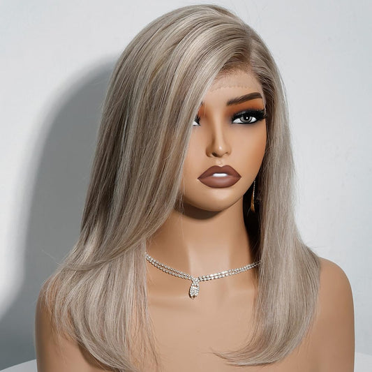Byluxurious Ash Blonde Ombre Lace Front Wig Human Hair Bob Wig Short Highlight Balayage Straight 13x4 HD Lace Front Human Hair Wigs For Women Pre Plucked 180 Density 12Inch