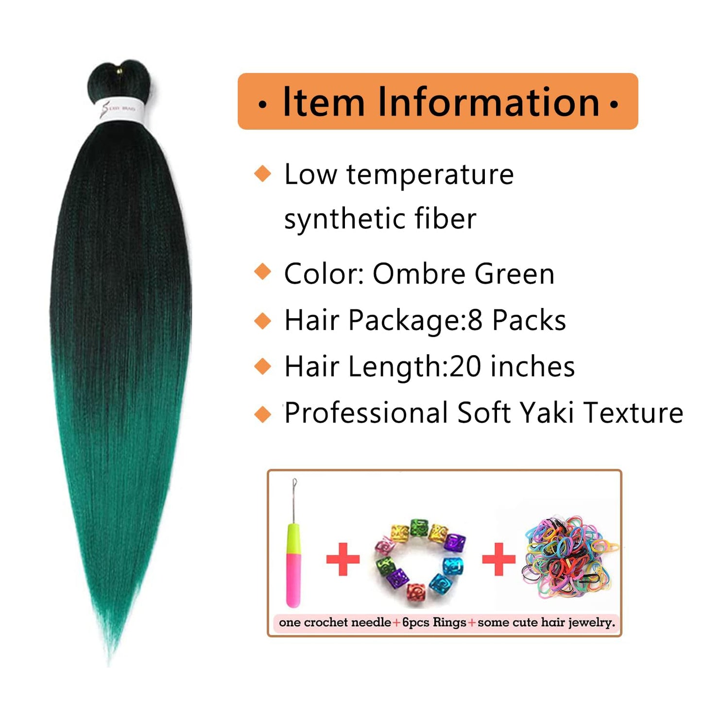 Pre-Stretched Braiding Hair, 20 inch Braiding Hair 8 Packs Ombre Black to Green Professional Soft Yaki Texture,No Itch, Hot Water Setting Hair Extensions for Braids (20in,1B/Green)