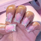 RUOKEXIN Short Square Press on Nails French Tip With Rhinestones - Pink False Nails, Sparkly Glue on, Handmade Artificial, Cute Stick on for Women