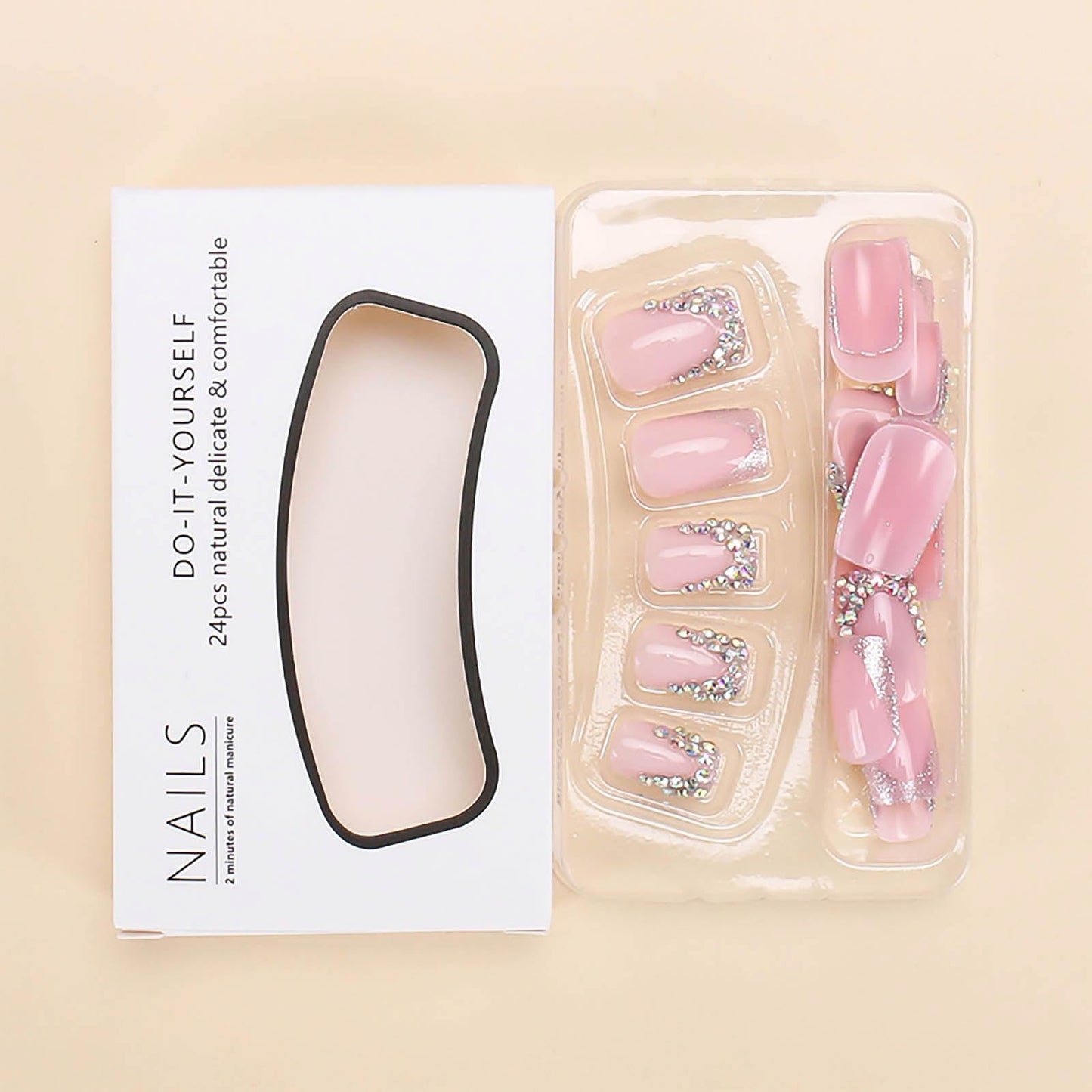 RUOKEXIN Short Square Press on Nails French Tip With Rhinestones - Pink False Nails, Sparkly Glue on, Handmade Artificial, Cute Stick on for Women