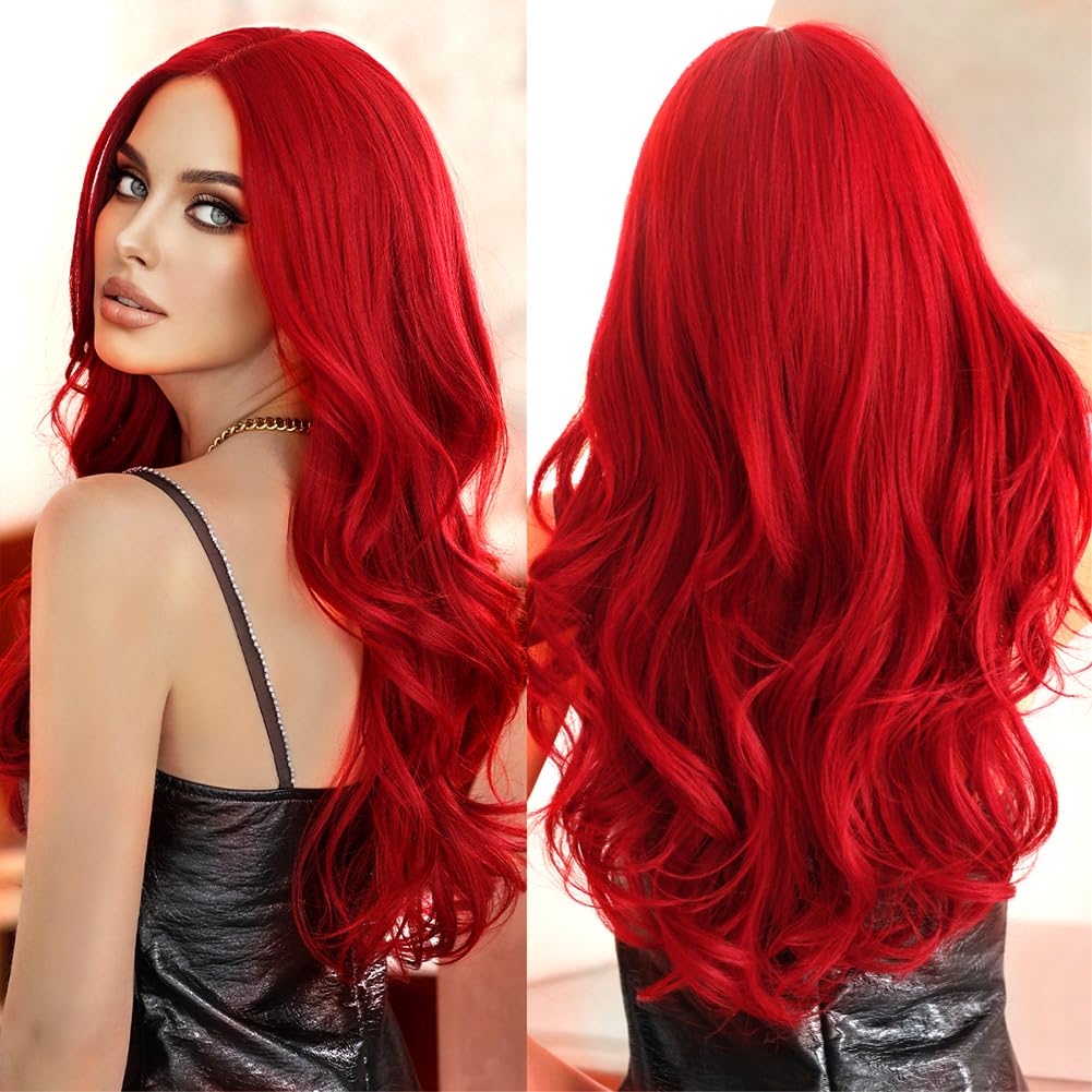 Sabosi Red Wig for Women Long Wavy Wigs Middle Part Wavy Wig Natural Looking Synthetic Heat Resistant Fiber Wig for Daily Party Use