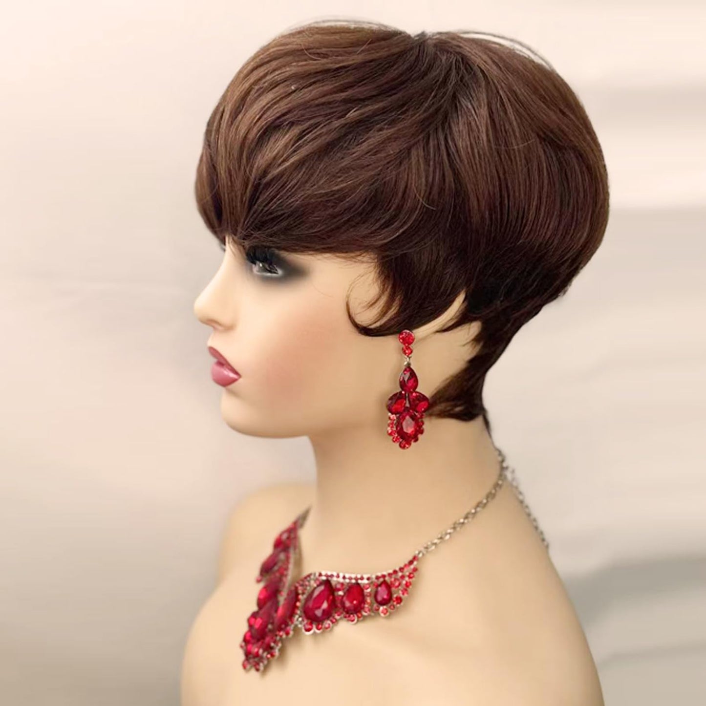 QiaQiaRing Chic Elegent 10A Pixie Cut Wigs for Black Women 4# Brown Color for Daily Use Short Layered Pixie Cut Human Hair Wigs With Bangs Brazilian Virgin Straight Human Hair (4#brown)
