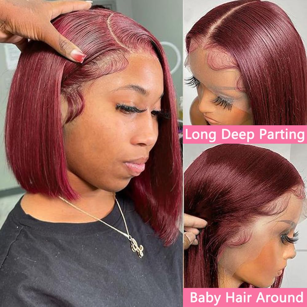 Hoscod Brazilian Burgundy 13x4 HD Transparent Lace Front Wig Human Hair 99J Bob Glueless Pre Plucked 180% Density for Women 16 Inch