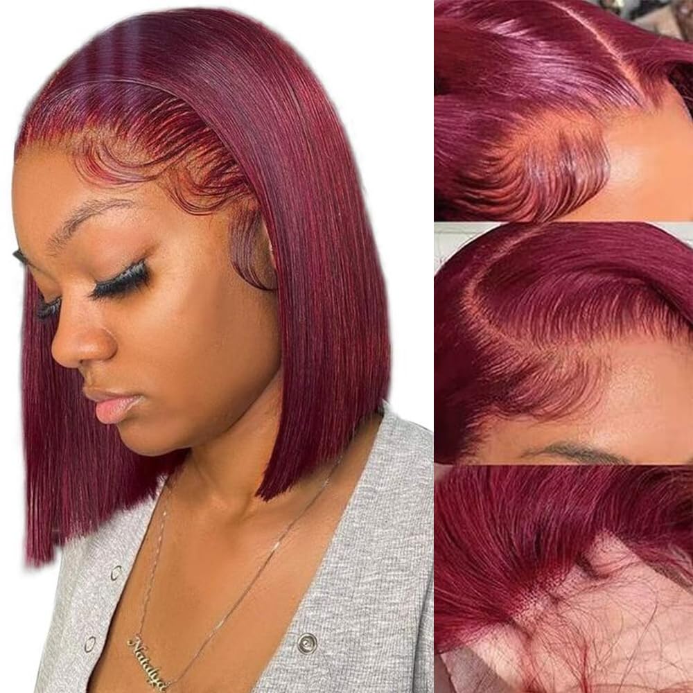 Hoscod 99J Burgundy Bob Wigs Human Hair 12inch 99J Straight Brazilian Hair 13x4 HD Transparent Lace Bob Wig Human Hair 180 Density Lace Front Wig for Women Short Bob Wig Pre Plucked With Baby Hair