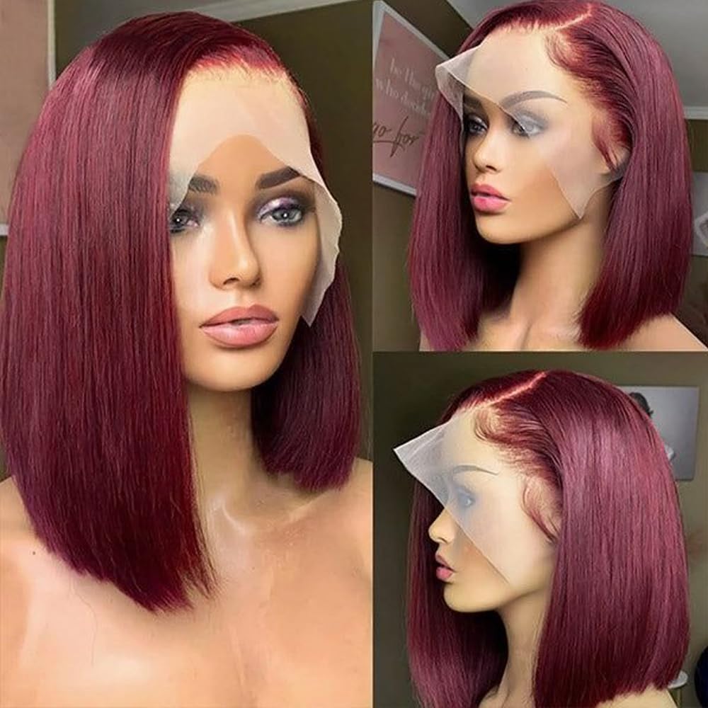 Straight Brazilian Hair Burgundy Bob Wig Human Hair 99j 13x4 HD Transparent Lace Front Wig 180 Density Bob Wig 10 inch Women's Modern Style Natural Hairline Pre-plucked Lace Front Wig with Baby Hair