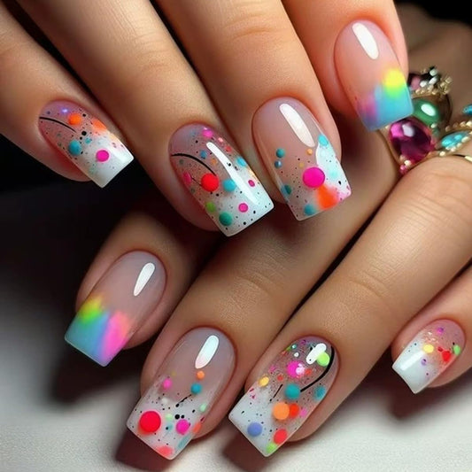 Medium Press on Nails Square Shape Fake Nails with Rainbow Dot Designs Ombre Nails Sweet Summer Glue on Nails Glossy Gradient Acrylic Nails Full Cover Reusable Stylish Stick on Nails for Women 24PCS
