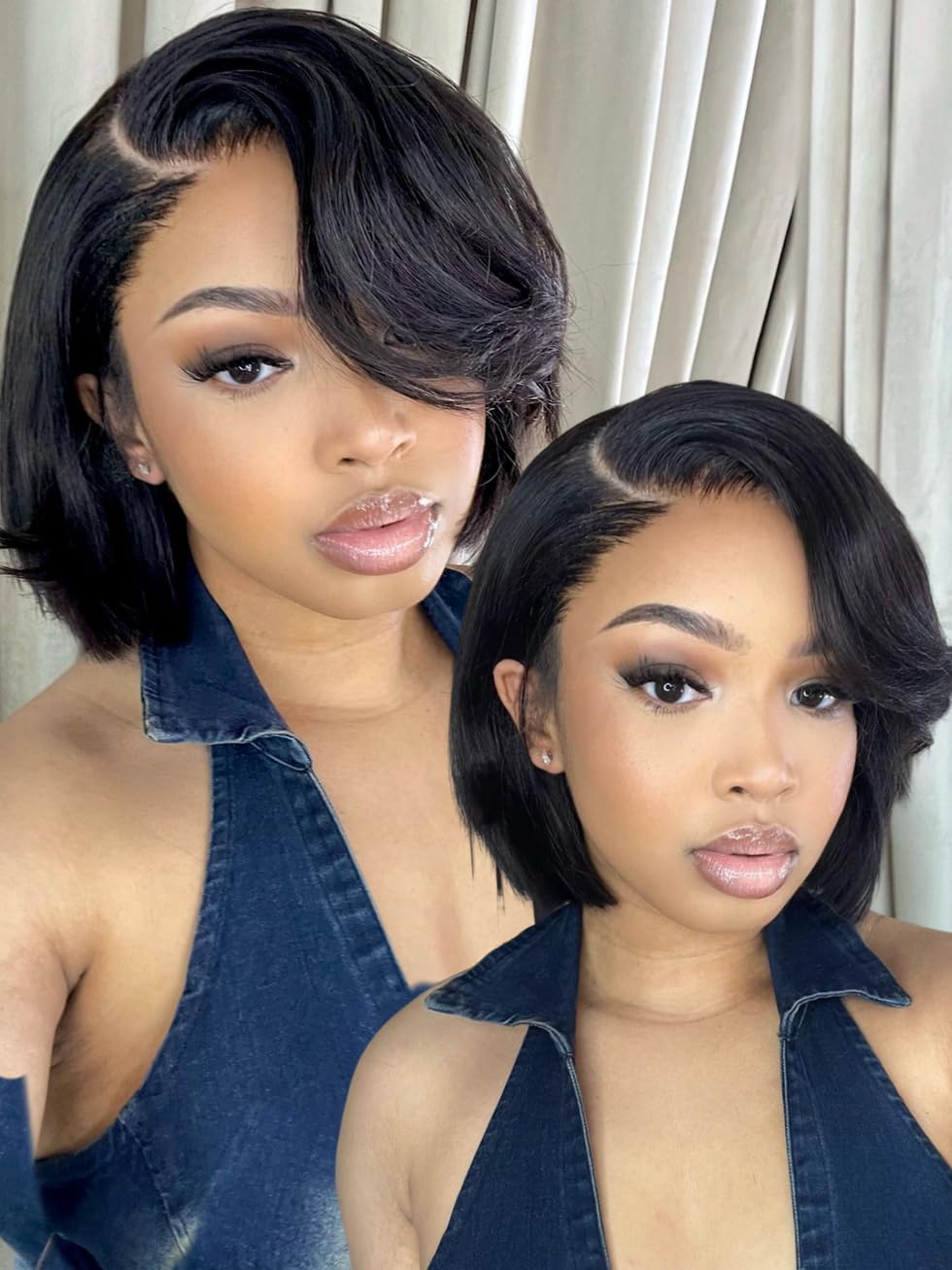 UNICE 8 inch Short Layered Bob Drawstring Wig Human Hair with Side Swept Bangs Bye Bye Knots 7x5 Lace closure Glueless Wigs Human Hair Pre Plucked Pre Cut Read to Wear
