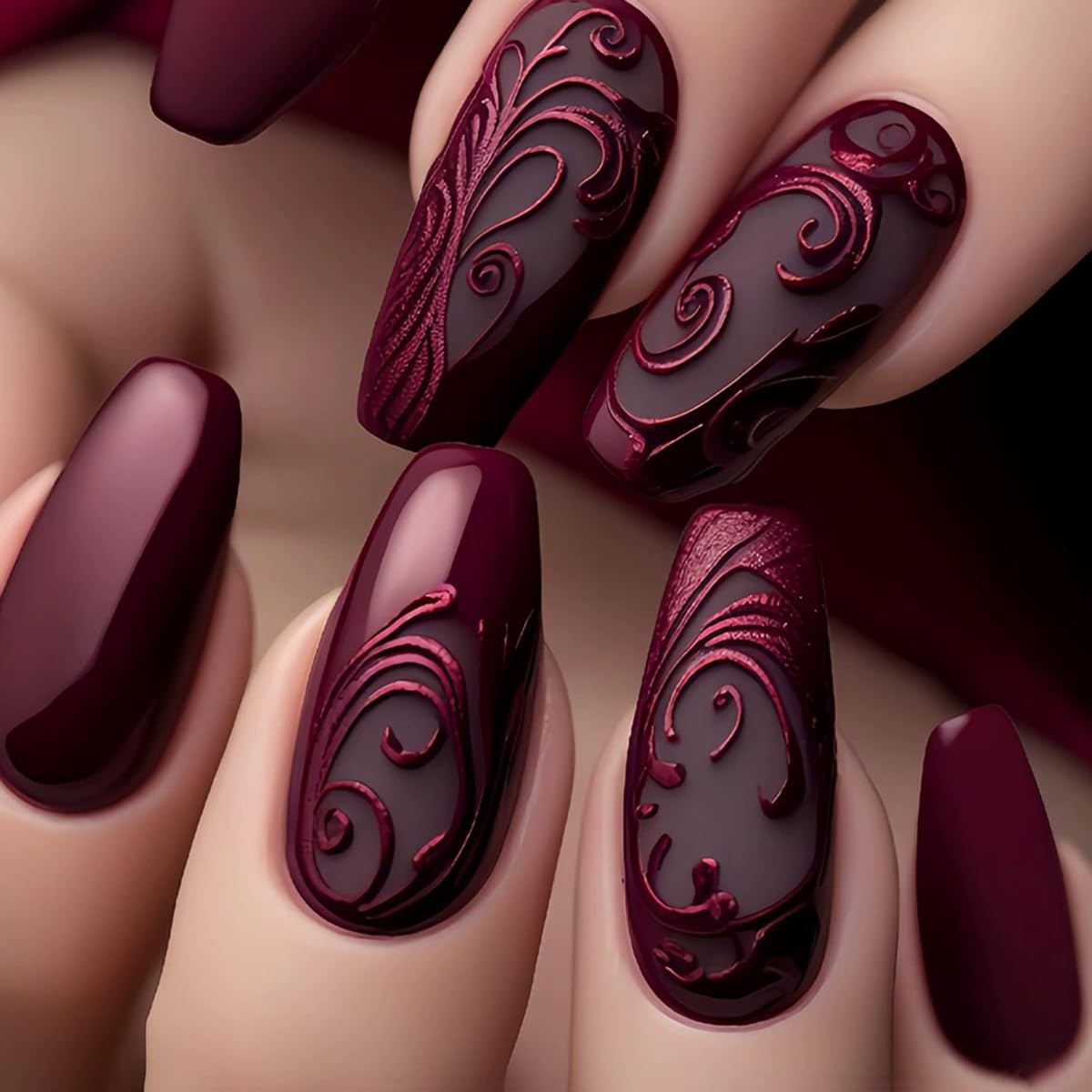 Medium Press on Nails Coffin Fake Nails with Designs Ballet Acrylic Nails Press on Glossy Rose Red Totem Gothic Style Gel False Nail Kits Reusable Stick on Nails for Women Manicure Decorations 24PCS
