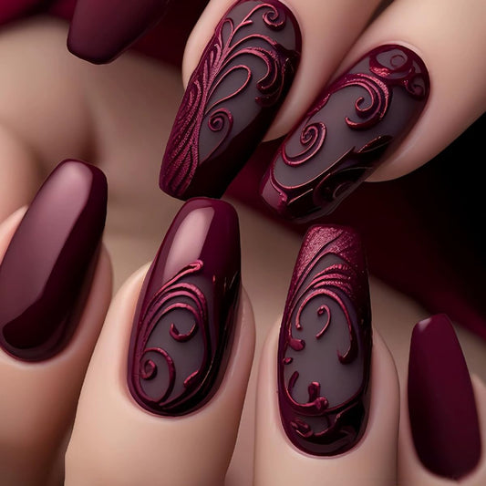 Medium Press on Nails Coffin Fake Nails with Designs Ballet Acrylic Nails Press on Glossy Rose Red Totem Gothic Style Gel False Nail Kits Reusable Stick on Nails for Women Manicure Decorations 24PCS