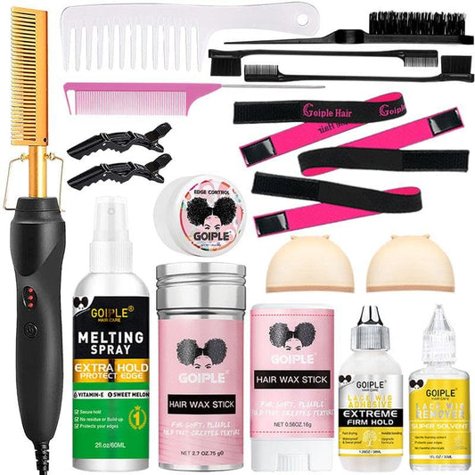 Electric Hot Comb Hair Straightener, Deluxe Electrical Straightening Comb Curling Iron for Natural Black Wigs, Hot Comb Electric for Wigs Pressing Combs with Wig Glue Melting Spray Hair Wax Stick