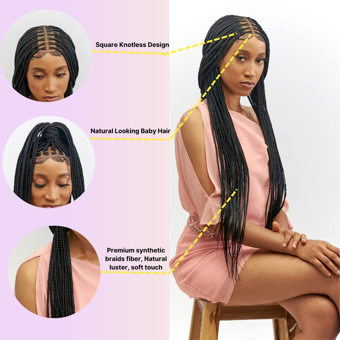 Wow Braids Box Braid Wig - Knotless Braided Wigs for Black women, with 360 glueless Full Swiss Lace Cap, & Human Baby Hair Frontal, Synthetic Long Neat African Handmade Braiding - 36 inch/Black