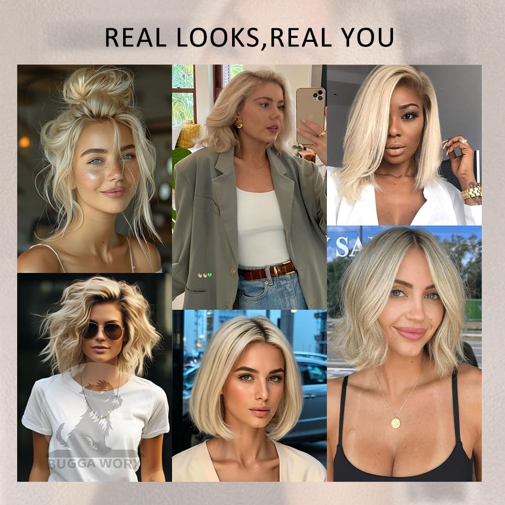 Ombre Ash Blonde Wigs Human Hair for Women 12A Real Human Hair Summer Wig Straight Short Blonde Bob Wig with Dark Roots Breathable Pre Cut Plucked 13x4 UHD Lace Front Wig for Daily Party 12In 180%