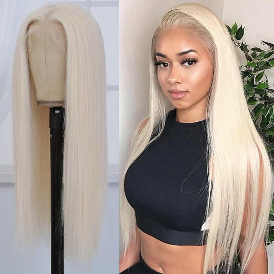 Koreyo Lace Front Wig Pre Plucked 13x4 HD Glueless Honey Blonde Lace Front Wig for Women Natural Looking Synthetic Heat Resistant Fiber Lace Wig (26 Inch) (Platinum Blonde)
