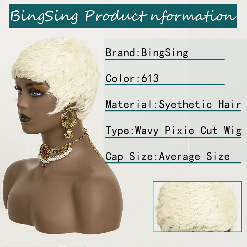 613 Blonde Pixie Cut Wig Short Wigs for Black Women Short Wavy Hair Replacement Blonde Pixie Synthetic Hair Curly Layered Wig With Bangs Short Cut Wigs for Black Women