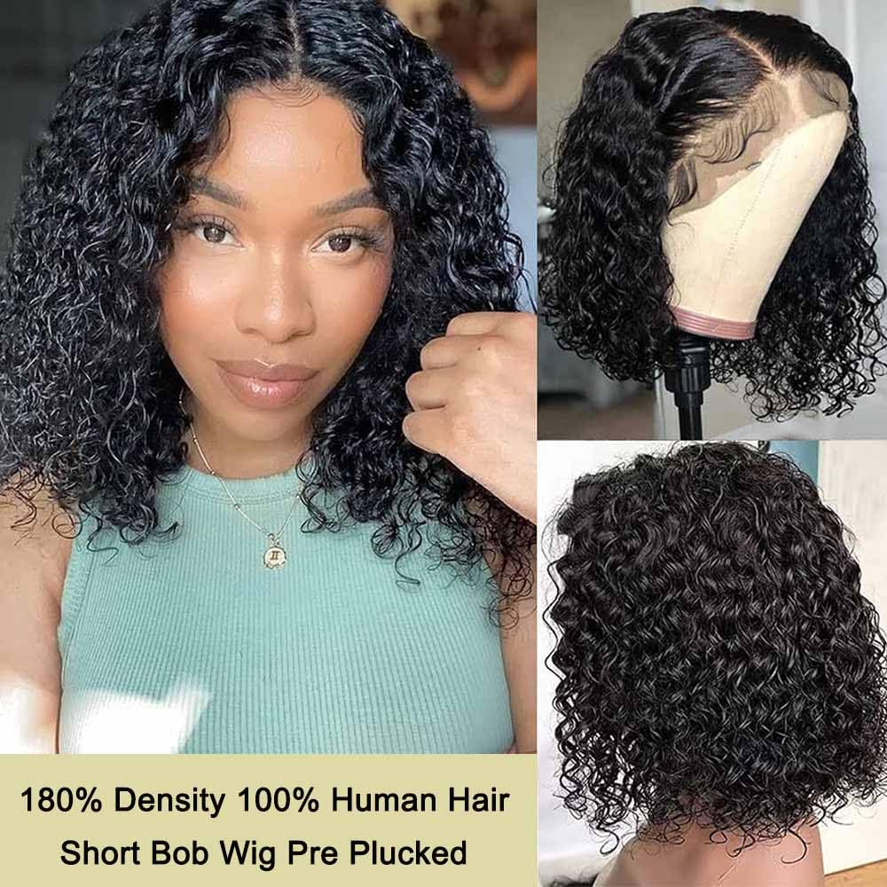 13x4 Bob Wig Human Hair 12A Short Deep Wave Lace Front Wigs Human Hair 180% Density Deep Curly HD Lace Frontal Human Hair Wig for Women Glueless Wig Pre Plucked Natural Hairline 14 Inch