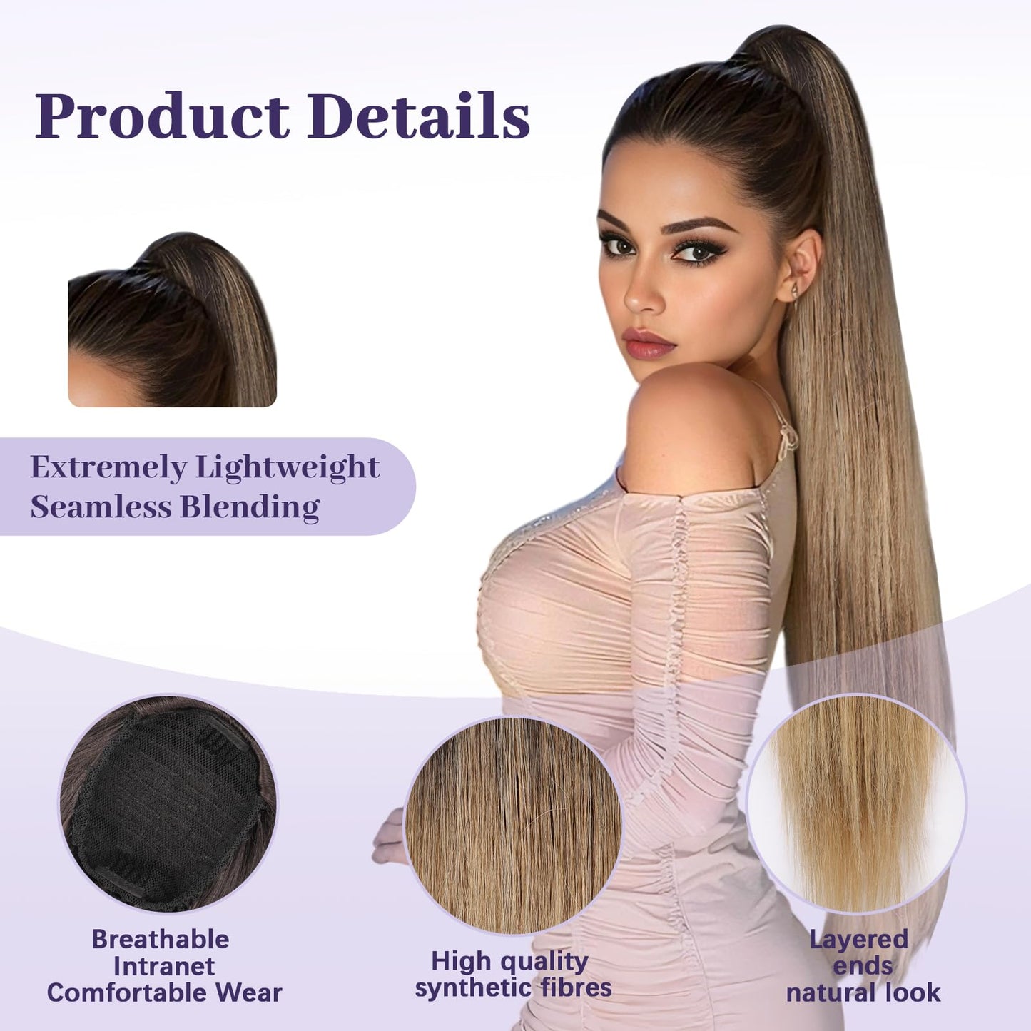 ORSUNCER Drawstring Ponytail Extension, Long Straight Pony Tails Hair Extensions Natural Soft Clip in Ponytail for Women Synthetic Hairpieces Ombre Black Mix Blonde