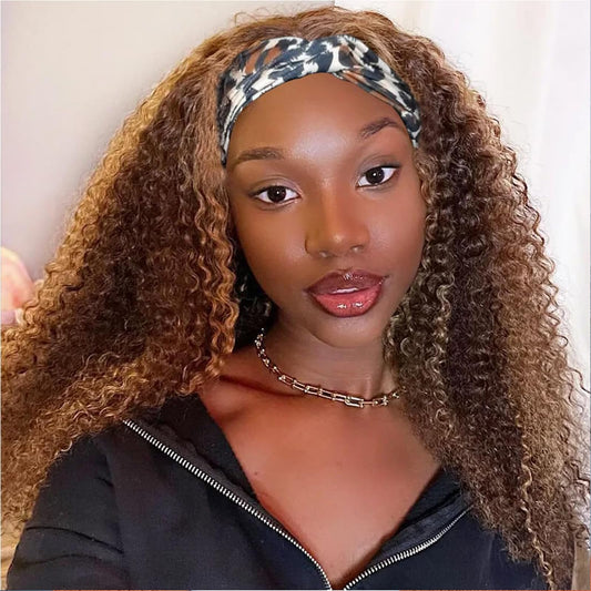 Ombre Highlight Headband Wig Human Hair #4/27 Colored Kinky Curly Headband Wig for Black Women Glueless None Lace Front Human Hair Wigs Brazilian Virgin Hair Wear and Go Wigs 150% Density 22 Inch